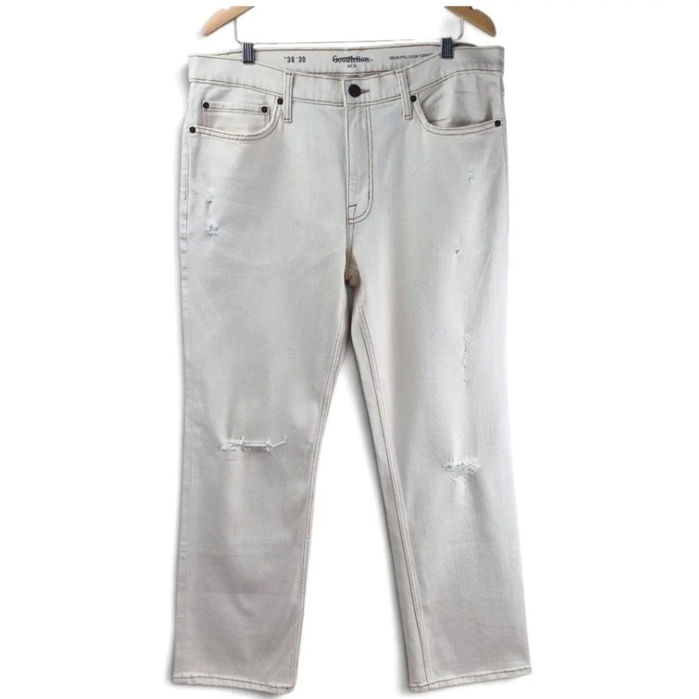 Goodfellow & Co Straight Jeans Mens 38x30 Cream NWT Coolmax Distressed Off-White